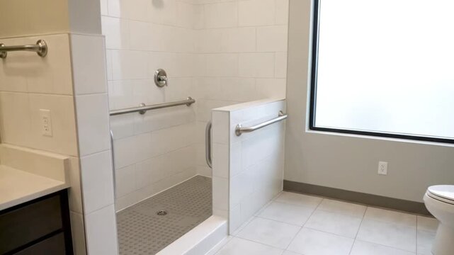 Modern accessible bathroom with walk-in shower grab bars and white tiled walls Contemporary design featuring a roll-in style shower toilet and vanity in a clean