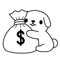 Sketch illustration of a dog hugging a bag of money, use it as an icon or sticker and add it to your designs or colouring books.