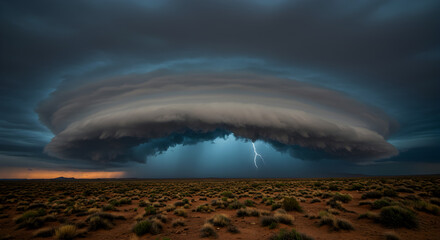 Dramatic Supercell Thunderstorm with Lightning Strike Over Vast Arid Landscape Under Dark Sky