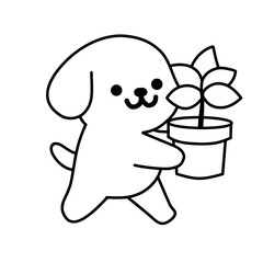 Sketch illustration of a dog carrying a pot of plants, use it as an icon or sticker and add it to your design or colouring book.
