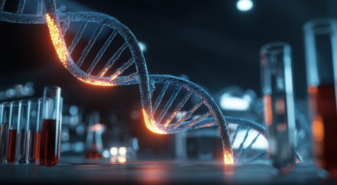 DNA strand glows in lab setting - Powered by Adobe