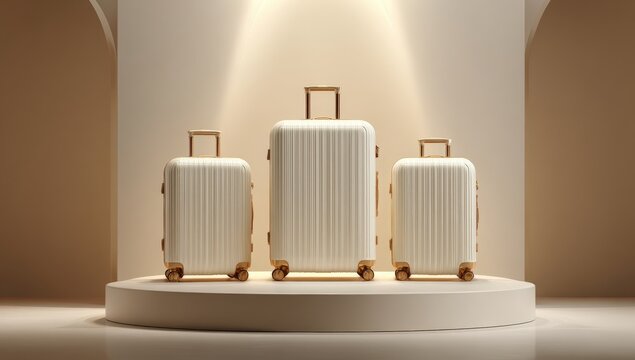 Three cream-colored suitcases on a beige pedestal