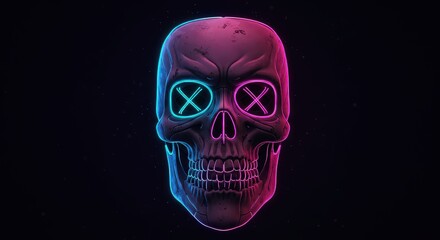Cyberpunk neon skull with glowing eyes and futuristic design perfect for digital art and abstract backgrounds isolated on black background
