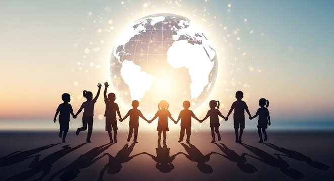 Children holding hands silhouette in front of glowing Earth, symbolizing global unity, peace, and a hopeful future.