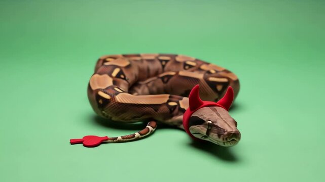 A snake with devil horns and a tail sits coiled on a green background