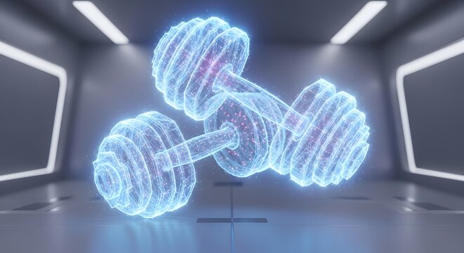 Futuristic Holographic Dumbbells in Modern Fitness Space - Powered by Adobe