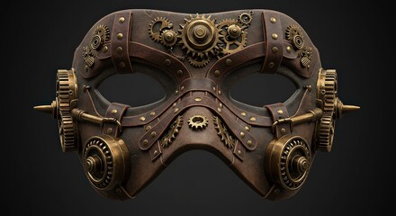 Intricate steampunk mask with gears and mechanical details on a dark gray background