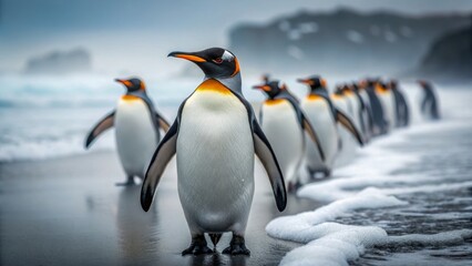 Obraz premium Science research in ice regions penguin colony shore surf water fog cold coast wildlife calm