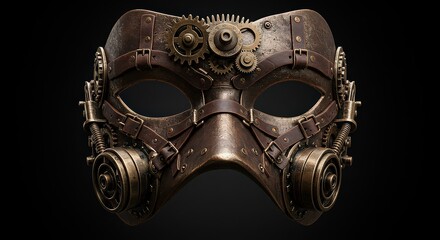 Detailed steampunk mask with gears, pipes, and mechanical components on a black background