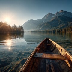 Obraz premium Canoe on a Calm Lake at Sunrise