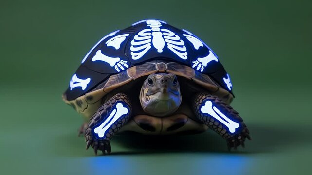 A tortoise with a glowing skeleton pattern on its shell and limbs