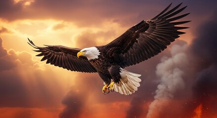 Obraz premium Majestic Bald Eagle Soaring Above Fiery Skies