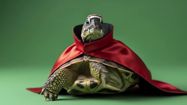 A turtle wears a red cape and fake vampire fangs