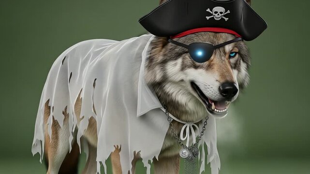 A wolf dressed as a pirate with an eye patch and hat