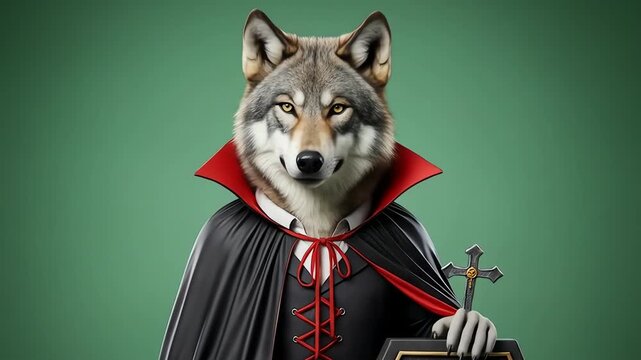 A wolf dressed as a vampire holding a cross