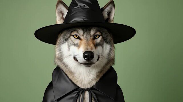 A wolf wearing a witch hat and cloak