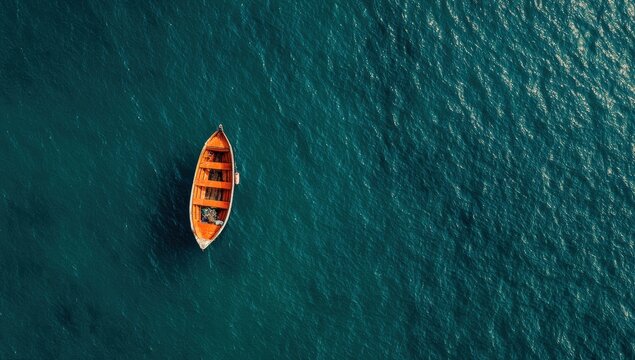 High-angle view of a small orange boat on teal water