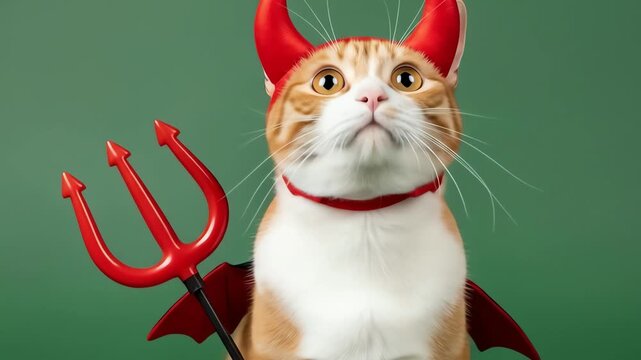 An orange and white cat wears devil horns a collar and wings holding a trident