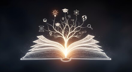 Digital Knowledge Tree from Open Book with Glowing Education & Learning Icons