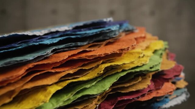 Vibrant Stack of Handmade Textured Paper Sheets in Rainbow Colors Close-up of Layered Artisanal Craft Paper with Rough Edges Ideal for Creative Art Projects and