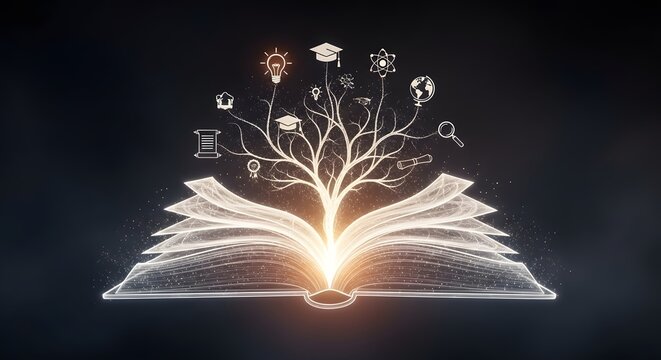Digital Knowledge Tree from Open Book with Glowing Education & Learning Icons
