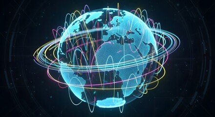 Global Connectivity: Digital Earth with Wavy Network Lines - Futuristic Data Flow & Telecommunication Concept
