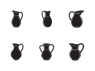 Collection of Black Pitcher Silhouettes on White Background Various Jug Designs Vector Illustration Decorative Kitchenware and Drinkware Graphics