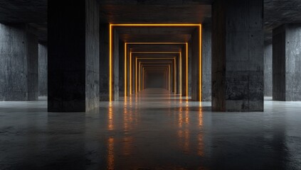 Fototapeta premium Dark concrete tunnel with glowing orange frames