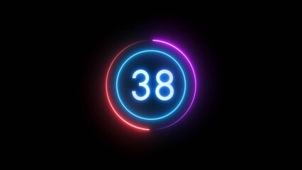 Countdown timer 38 seconds. Neon countdown number illustration.