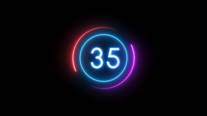 Countdown timer 35 seconds. Neon countdown number illustration.