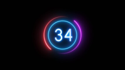 Countdown timer 34 seconds. Neon countdown number illustration.