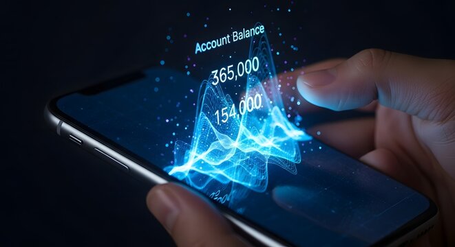 Digital Finance: Augmented Reality Account Balance on Smartphone Screen with Futuristic Data Visualization