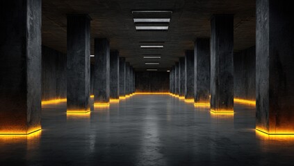 Fototapeta premium Dark concrete tunnel lit by orange neon