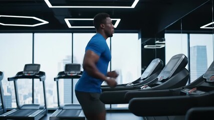 A man in athletic attire runs on a treadmill inside a modern gym setting.