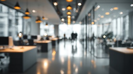Abstract blurred office interior with desks and window light in grayscale. It can be used for background, wallpaper, or website image template.