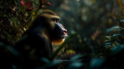 A colorful mandrill in the jungle, bathed in morning light, a photorealistic, cinematic scene.