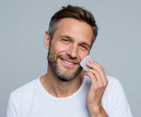 Fototapeta premium A man with a light gray beard smiles happily while applying a light gray facial cleansing pad to his cheek.