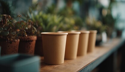Row of beige paper cups on a shelf in a plant shop
