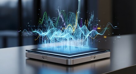 Dynamic holographic data visualization with vibrant sound waves emanating from a sleek digital device screen