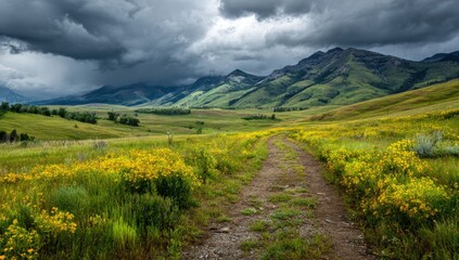 Fototapeta premium Scenic mountain valley path under dramatic sky