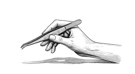 Female hand holding tweezers for eyebrow plucking – detailed hand-drawn black and white vintage sketch. Vector engraving illustration, perfect for beauty, cosmetics, and grooming themes.