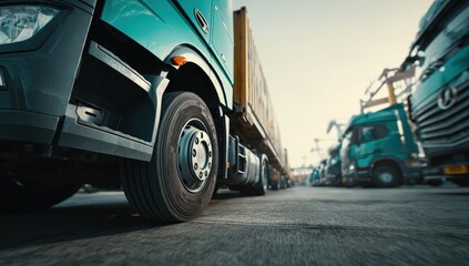 Naklejka premium Trucks lined up at a port