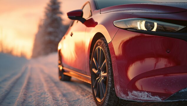 Red car on snowy road at sunset