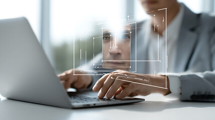 Professional working on laptop with holographic interface overlay