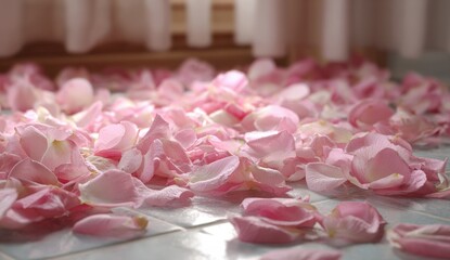 Pink rose petals scattered on light-blue tiled floor. Soft natural light