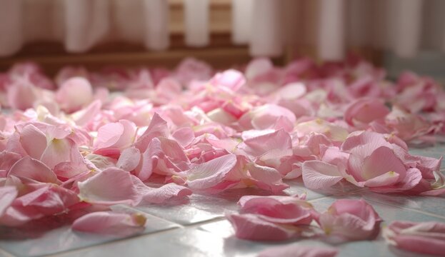 Pink rose petals scattered on light-blue tiled floor. Soft natural light