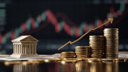 Financial growth depicted by stacks of coins and a bank building