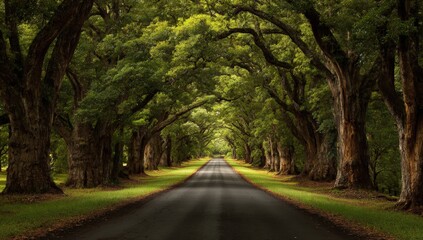 Naklejka premium Lush green trees arching over a country road