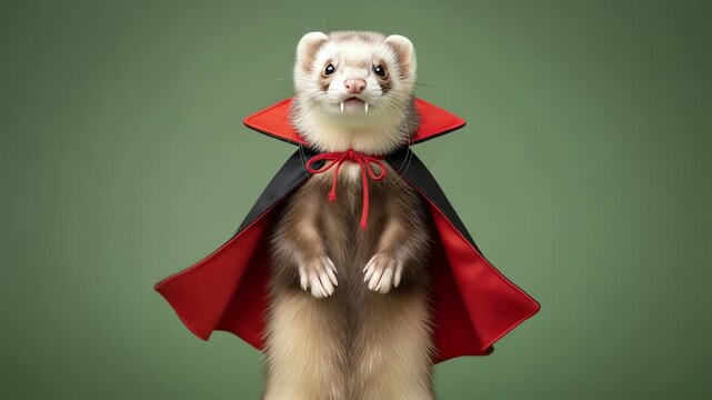 Ferret dressed as a vampire with fangs and a cape