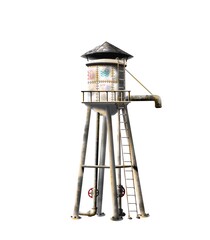 old and rustic water tower on a white background. It is water tower used at train station 